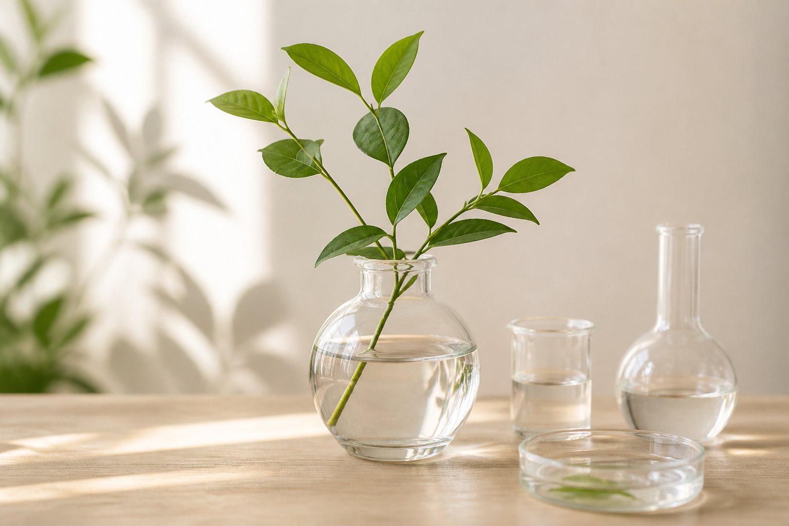 淡いグリーンの植物とガラス容器